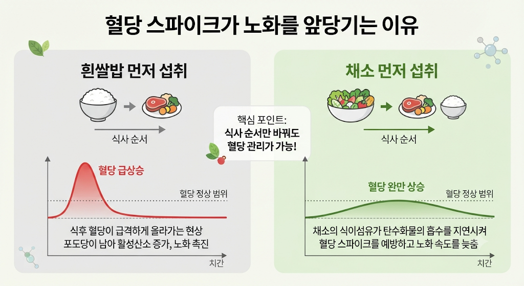 채소 → 단백질 → 탄수화물 순서의 식사 그림과 함께 혈당 그래프 비교.