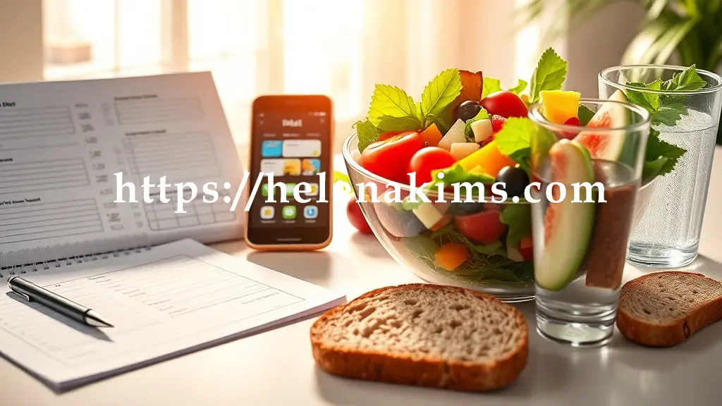 식단 플래너, 펜, 스마트폰 앱 화면이 놓여있고, 오른쪽에는 신선한 채소와 과일로 가득 찬 컬러풀한 샐러드 보울, 물 한 잔, 통곡물 빵이 놓여있다.