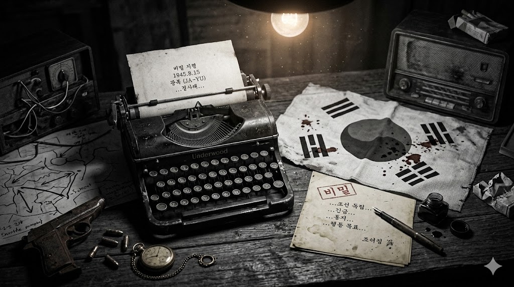 낡은 타자기와 핏자국이 묻은 태극기, 그리고 비밀 지령서가 놓인 엔틱한 책상