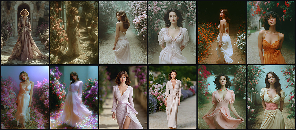 패션 화보, 우아한 정원 런웨이에서 시폰 드레스를 입은 여성 모델 이미지_Midjourney