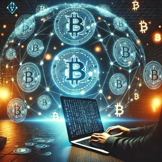 맥북에서 비트코인을 채굴하는 분위기 연출 이미지.