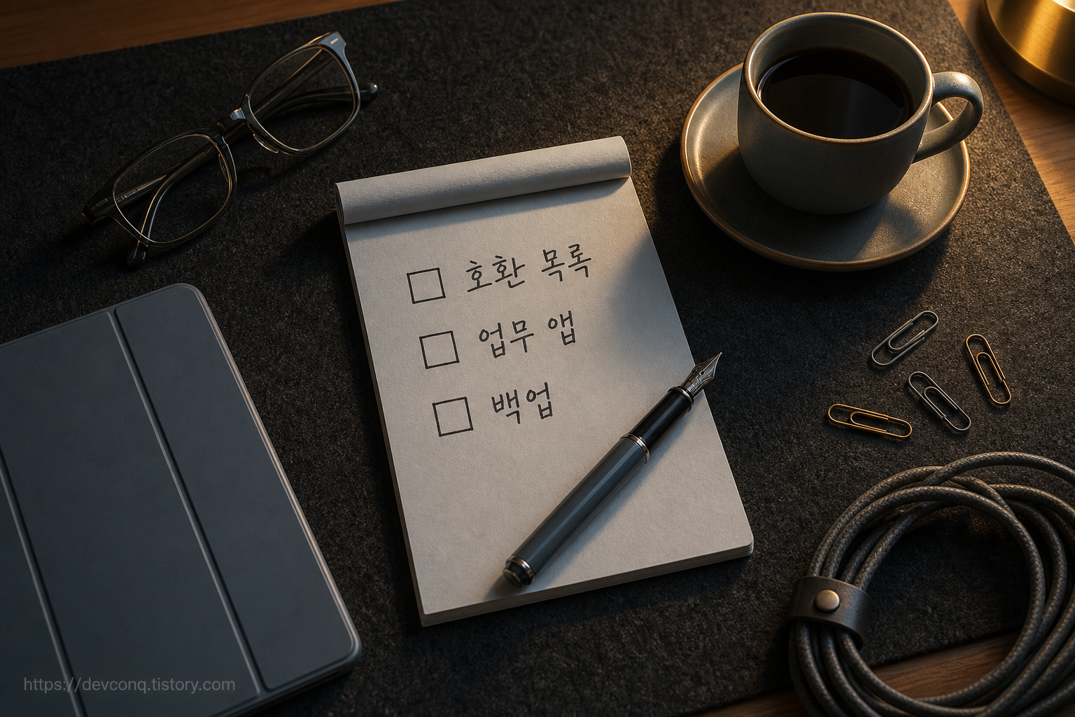 메모지에 손으로 적은 점검 항목과 네모 칸이 놓인 책상 위 부감 장면