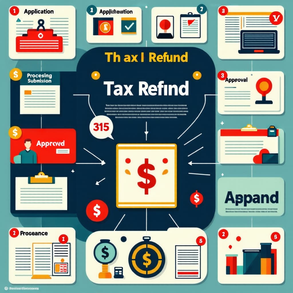 세금 환급을 받는 과정을 설명하는 이미지. 환급 신청부터 환급 완료까지의 단계가 시각적으로 표현됨.