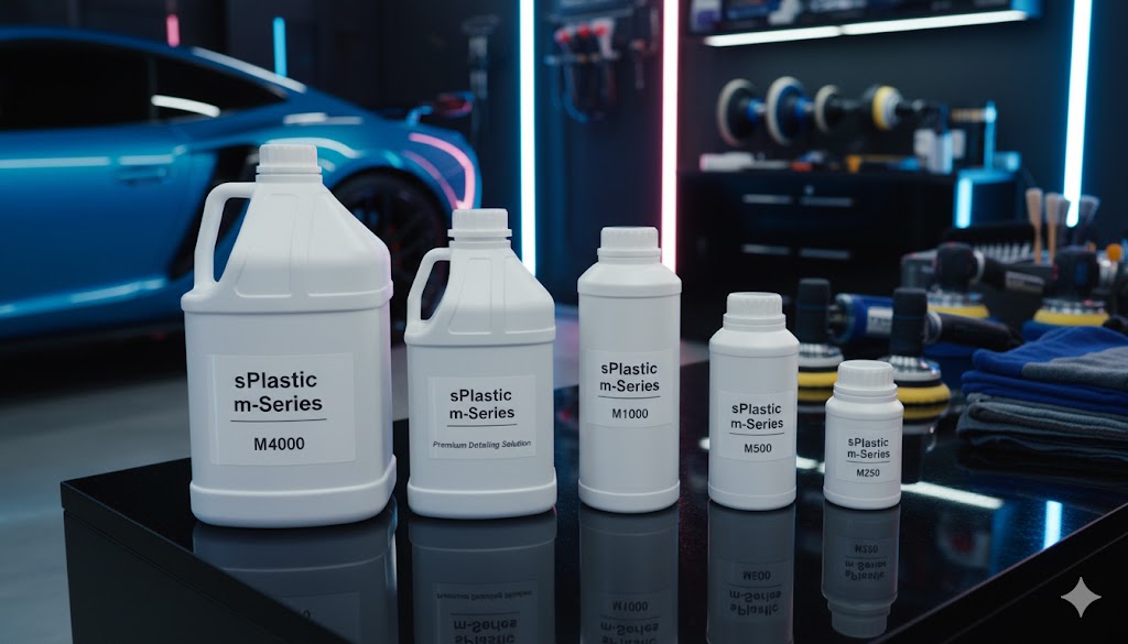 삼양플라스틱의 m-시리즈 용기(M4000, M2000, M1000, M500, M250)가 'sPlastic m-Series' 라벨과 함께 현대적인 자동차 디테일링 스튜디오 작업대에 진열되어 있습니다. 용기들은 깨끗한 불투명 백색이며, 라벨에는 각 모델명과 'Premium Detailing Solution' 등의 문구가 기재되어 전문적인 자동차 케미컬 포장재로서의 활용성을 강조합니다