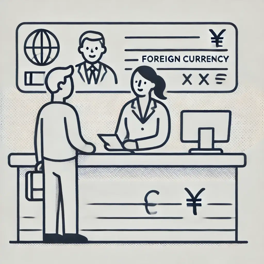 은행 창구에서 외화통장 관련 상담을 받고 있는 남성.