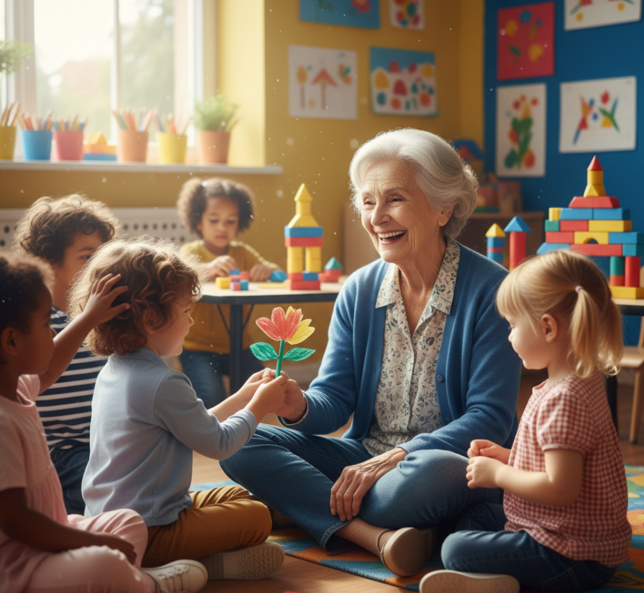 치매어르신이 아이들과 만나서 놀고 있는 모습