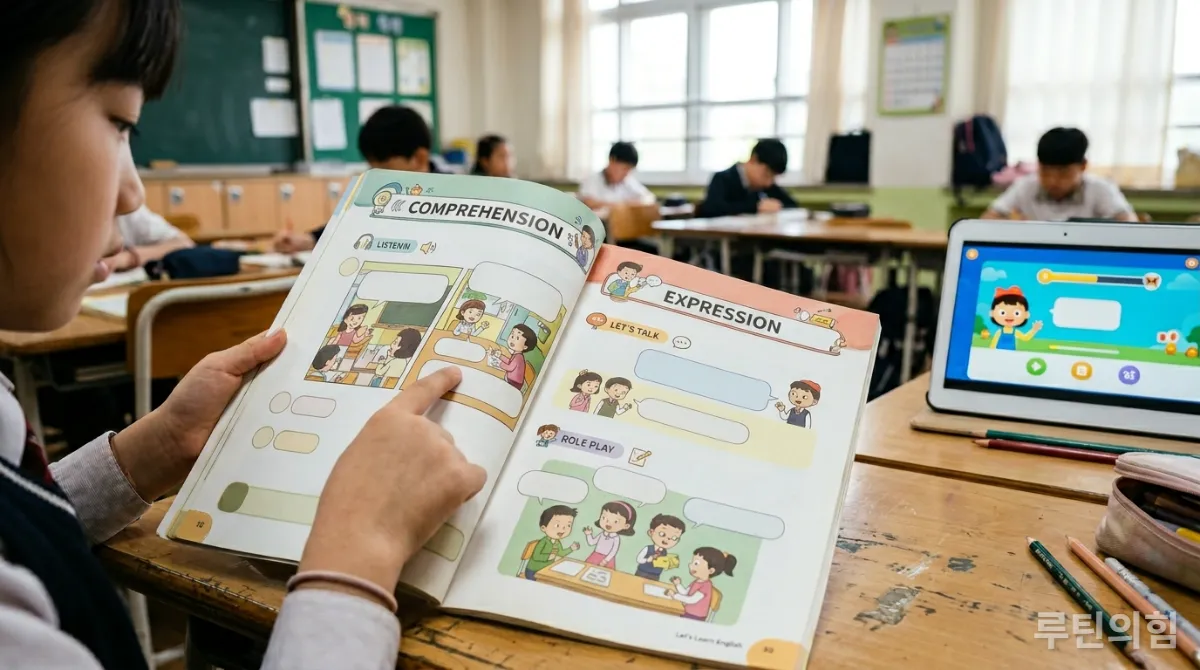 2026년 개편 영어 교육과정의 '이해'와 '표현' 영역을 보여주는 교과서와 태블릿