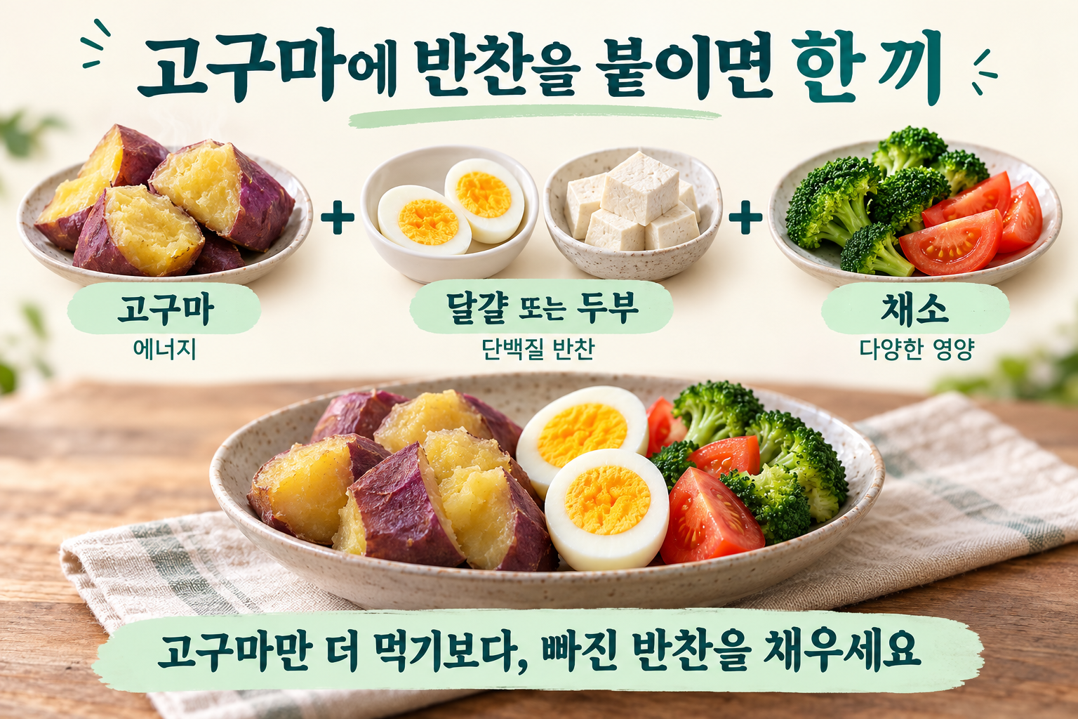 고구마만 늘리기보다 달걀 또는 두부 반찬과 채소를 곁들이는 실사 식사 구성. 완성 접시는 달걀을 선택한 예.