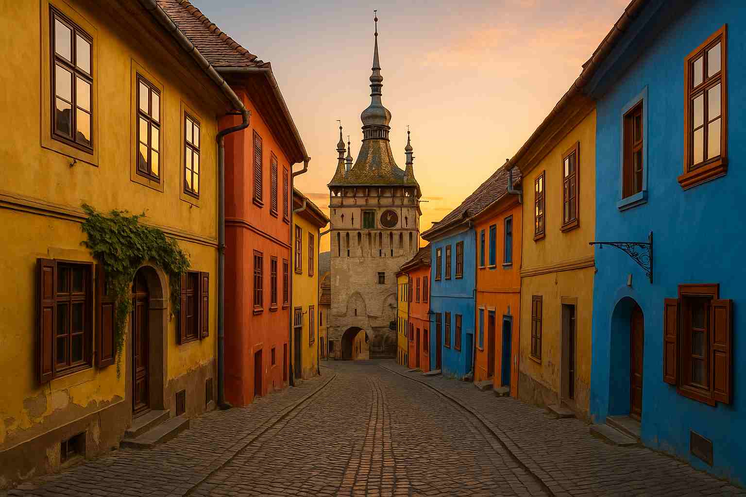 시기쇼아라 구시가지의 형형색색 거리와 시계탑, 중세 감성이 어우러진 노을 풍경