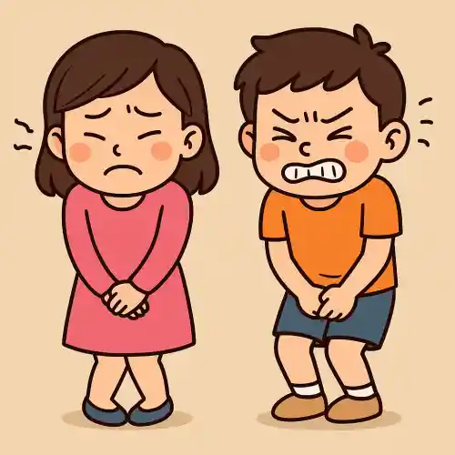 오줌을 참는 듯한 여자아이와 똥을 참는 듯한 남자아이 그림