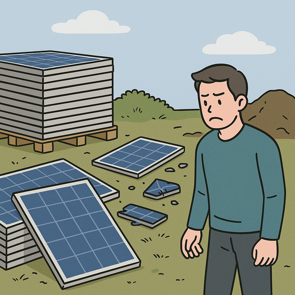야외에 폐기된 태양광 패널을 바라보는 남성의 모습으로 폐패널 방치 문제를 강조한 일러스트