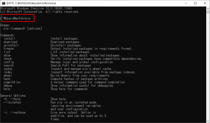 파이썬 패키지 설치 전 pip 설치 확인 사진