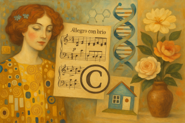 회화적 스타일로 표현된 디지털 일러스트. 중앙에는 클림트 풍의 미술 작품, 베토벤 운명 교향곡을 연상시키는 악보, 과학적 창작물을 상징하는 설계도가 함께 배치되어 있다. 창작과 지적 재산권 보호의 가치를 부드럽고 상징적으로 나타낸다.