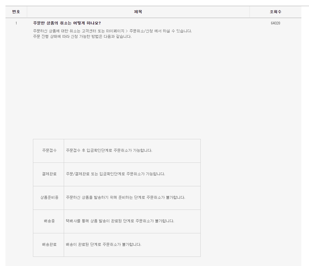 자주 묻는 질문 중 하나를 클릭했을 때 나타나는 상세한 답변 화면