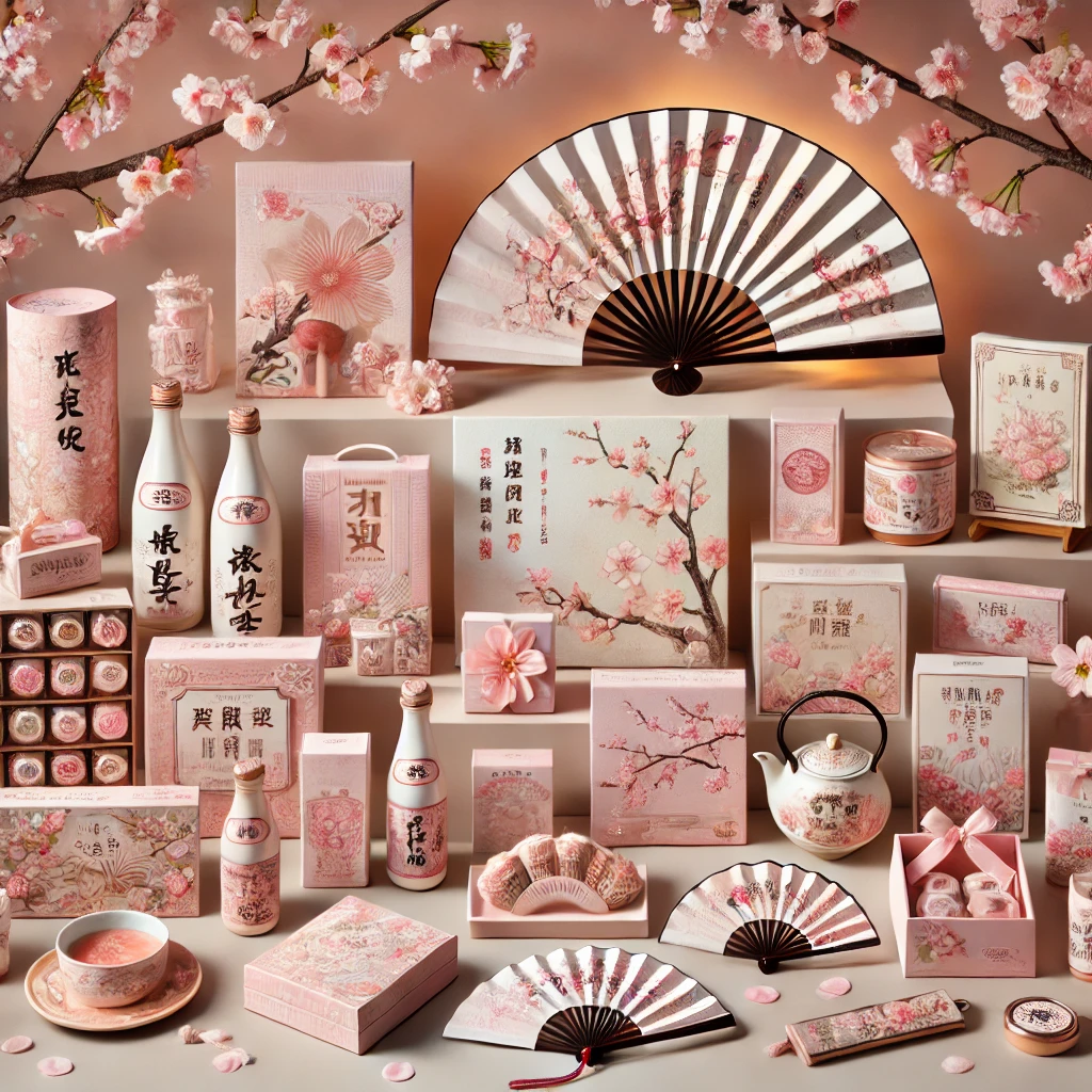 벚꽃 테마의 일본 한정 기념품과 굿즈가 진열된 모습