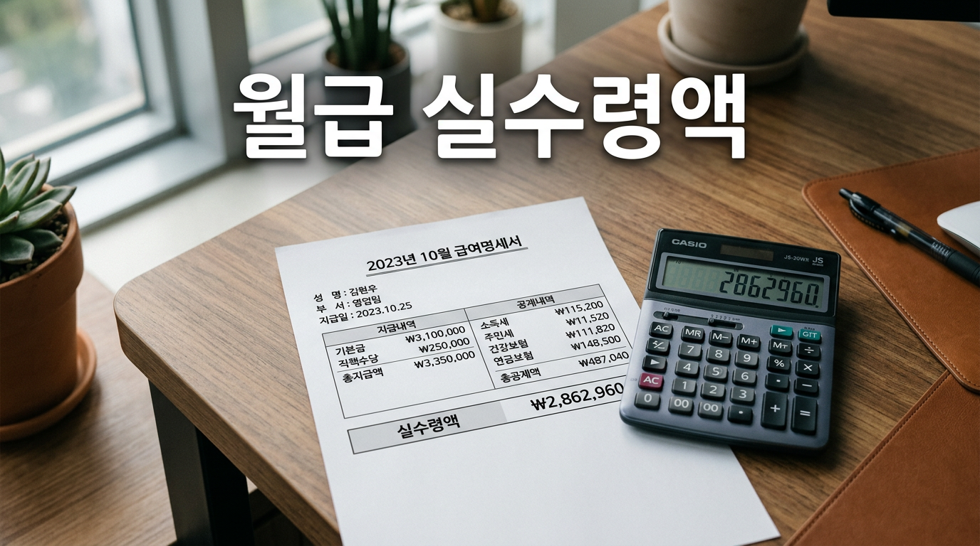 월급명세서와 계산기로 실수령액을 계산하는 사진