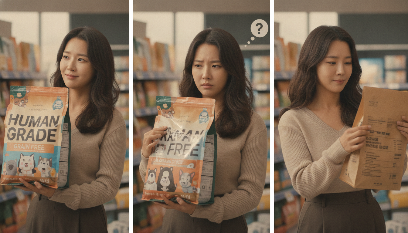 화려한 반려동물 사료 광고 문구에 현혹되지 않고 성분표를 꼼꼼히 확인하여 현명하게 사료를 고르는 한국인 여성 보호자의 3단 세트 이미지.