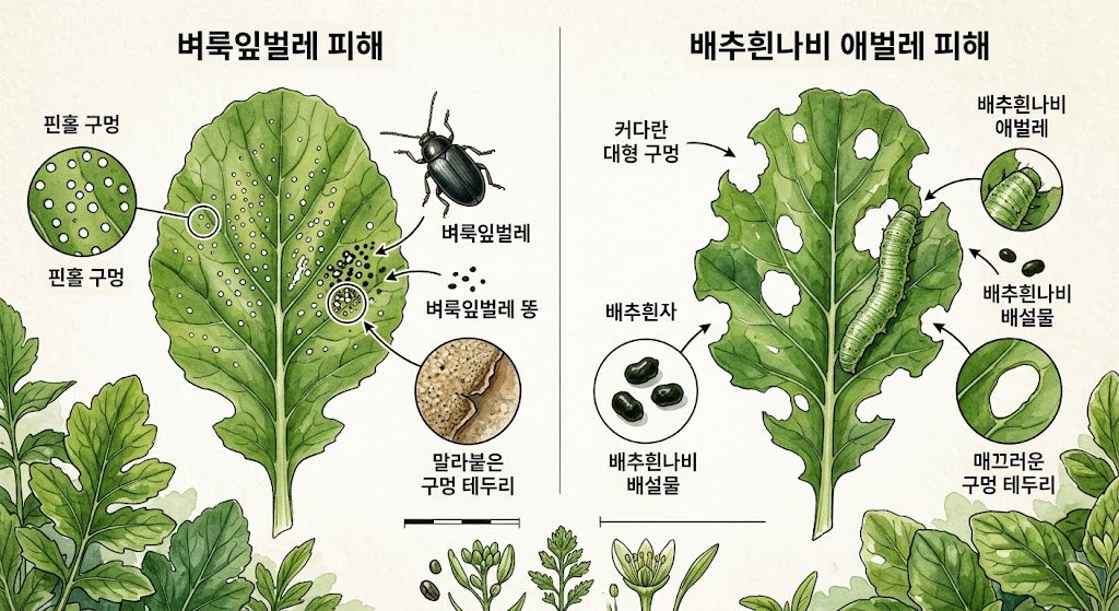 벼룩잎벌레의 작은 핀홀 구멍과 배추흰나비 애벌레의 대형 구멍 피해 패턴을 비교한 인포그래픽