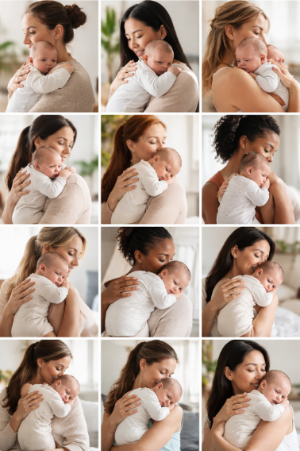 신생아 트림 시키는 자세 모음 이미지, 수유 후 아기 어깨에 세워 트림시키는 방법, 역류 방지 트림 자세와 시간 설명 사진