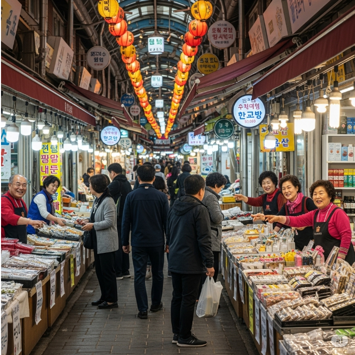 정감 있는 분위기의 전통 시장 골목. 다양한 상점들에서 사람들이 장을 보고 있으며, 상인들이 웃으며 손님을 맞이하는 모습