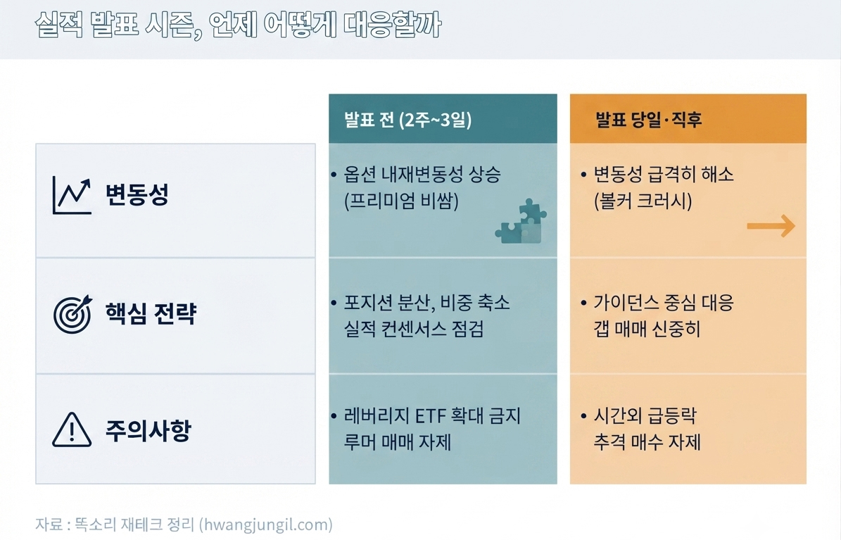 실적 발표 전과 후 대응 전략 비교표