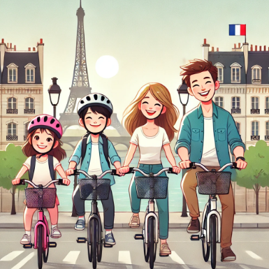 파리에서 4인 가족이 자전거 타는 모습