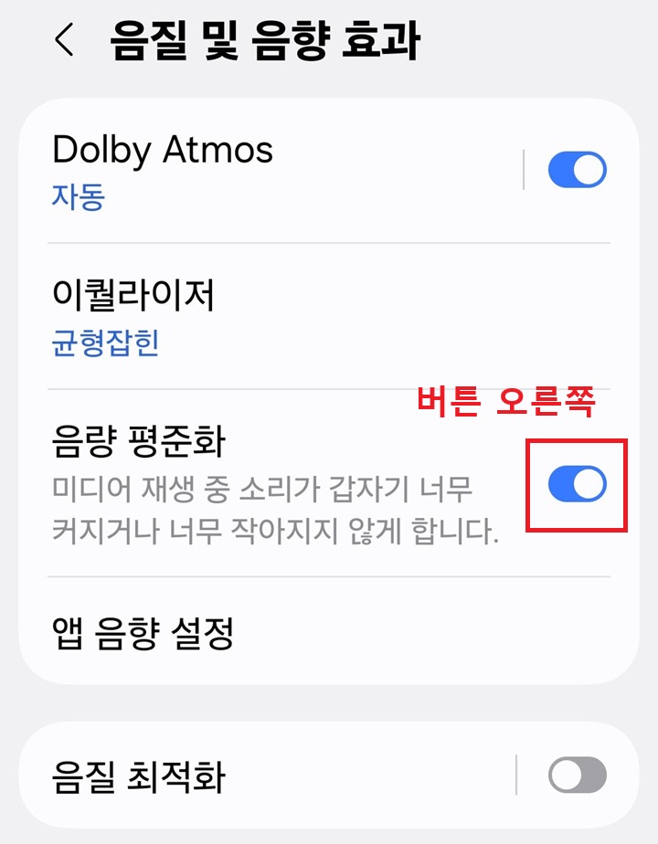 음량 평준화 메뉴의 버튼이 오른쪽으로 되어있음