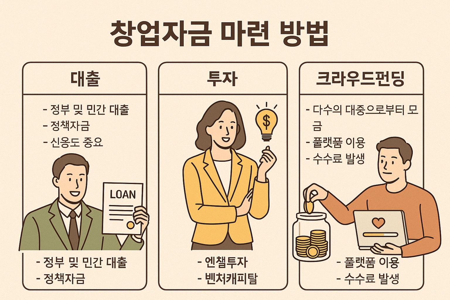 창업자금 마련 방법 (대출, 투자, 크라우드펀딩)에 관한 이미지