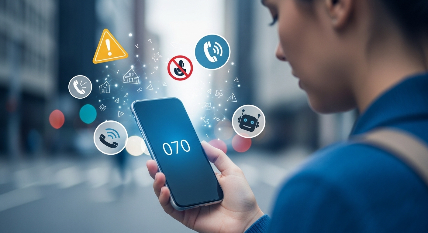 스마트폰 화면에 070 번호가 뜨자 짜증스러운 표정을 짓고 있는 사람의 모습, 스팸 전화 아이콘들이 주변에 떠다닙니다. 070 스팸 전화와 차단 방법을 설명하는 이미지입니다.
