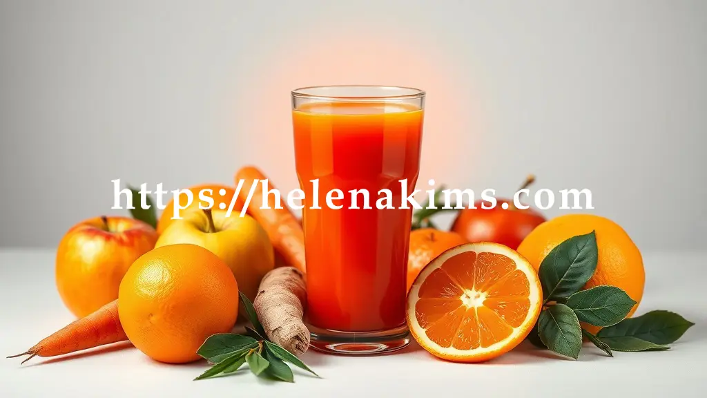 맑은 유리잔에 사과, 당근, 양파, 생강, 귤/오렌지가 어우러진 활력 넘치는 청혈 주스가 담겨 있고, 주스 주변에는 사과, 당근, 귤, 오렌지 신선한 각 재료들이 놓여 있다.