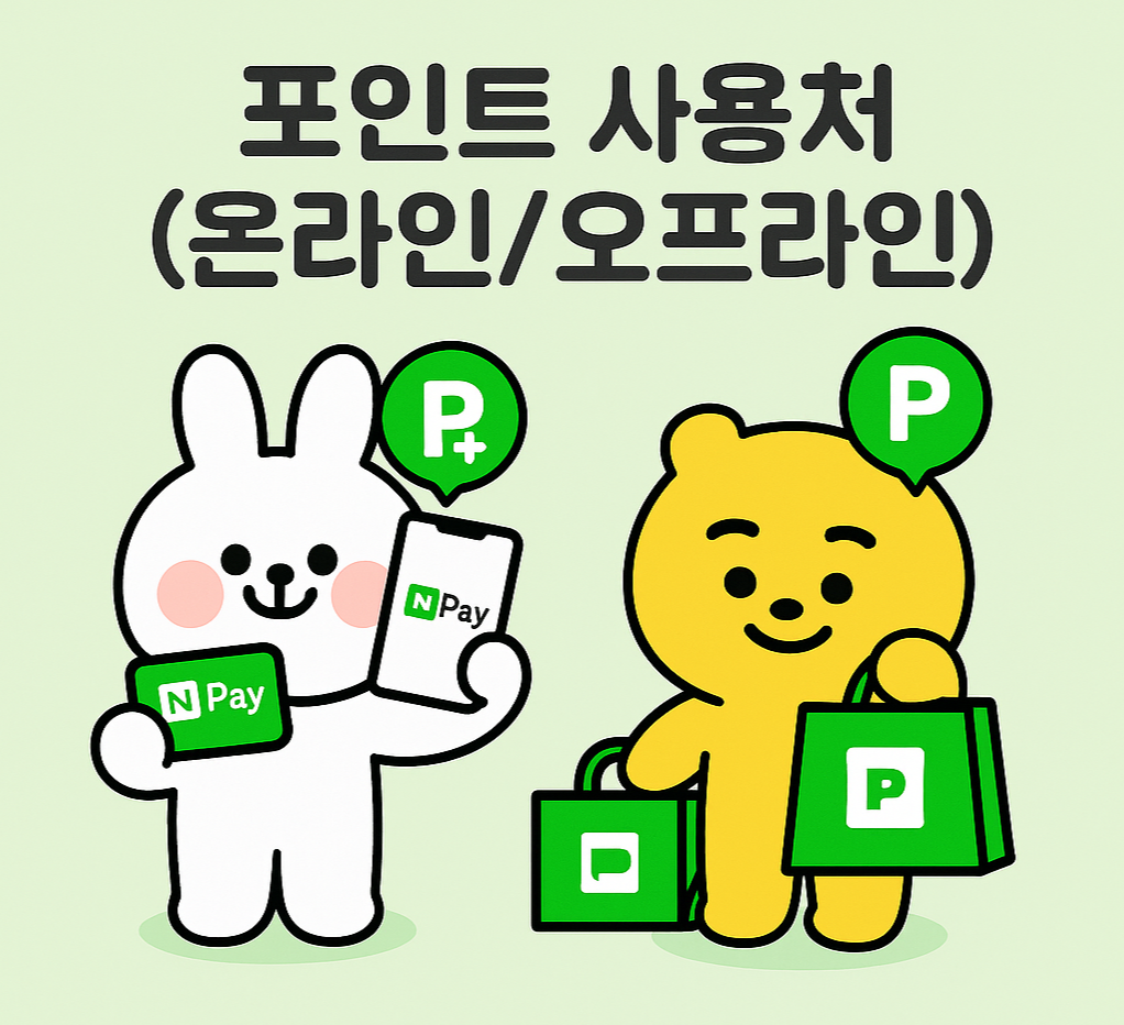 네이버페이 포인트의 온라인 및 오프라인 사용처를 안내하는 귀여운 캐릭터 일러스트 이미지