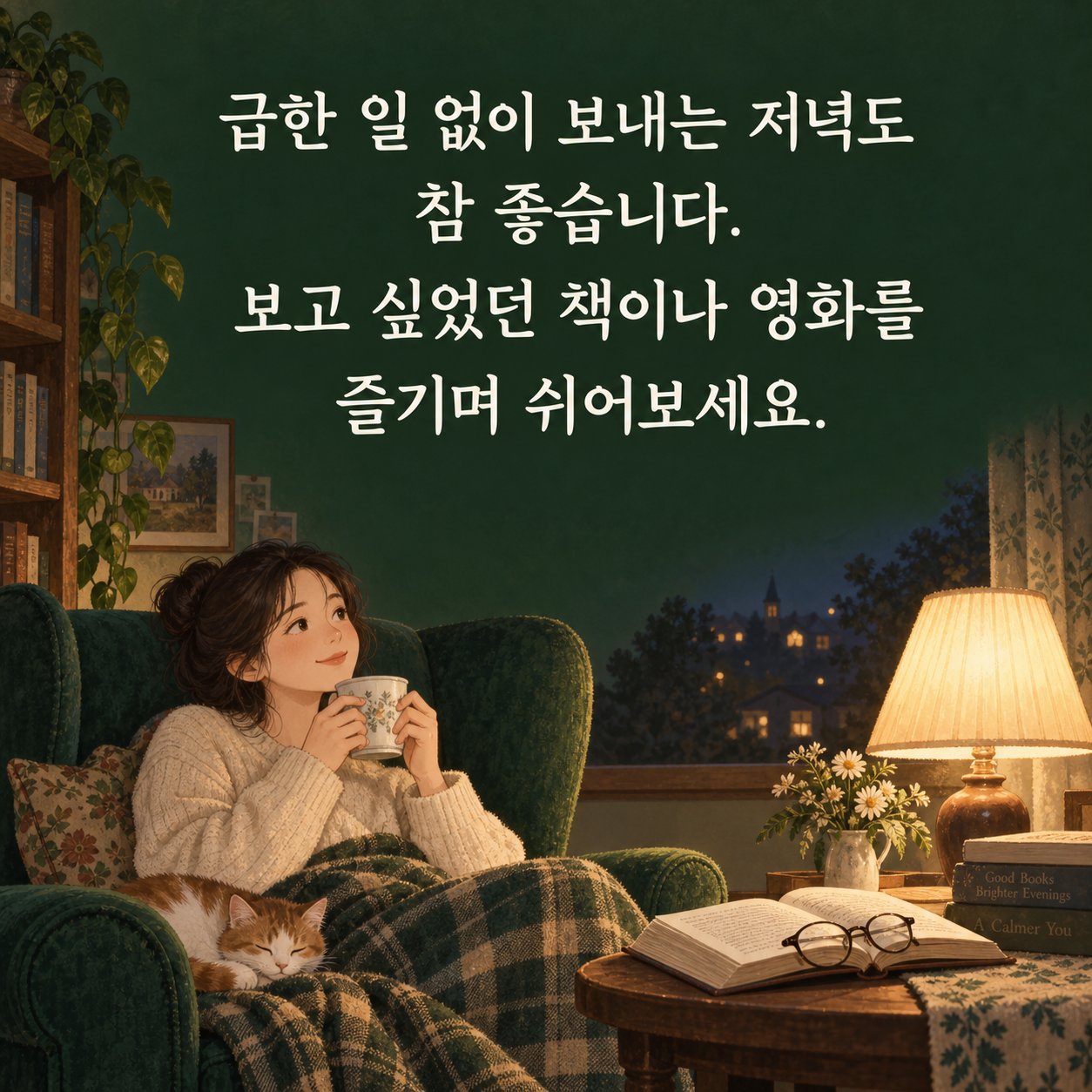 행복한 저녁 인사 이미지 7 — 급한 일 없이 보내는 저녁도 참 좋습니다. 보고 싶었던 책이나 영화를 즐기며 쉬어보세요.
