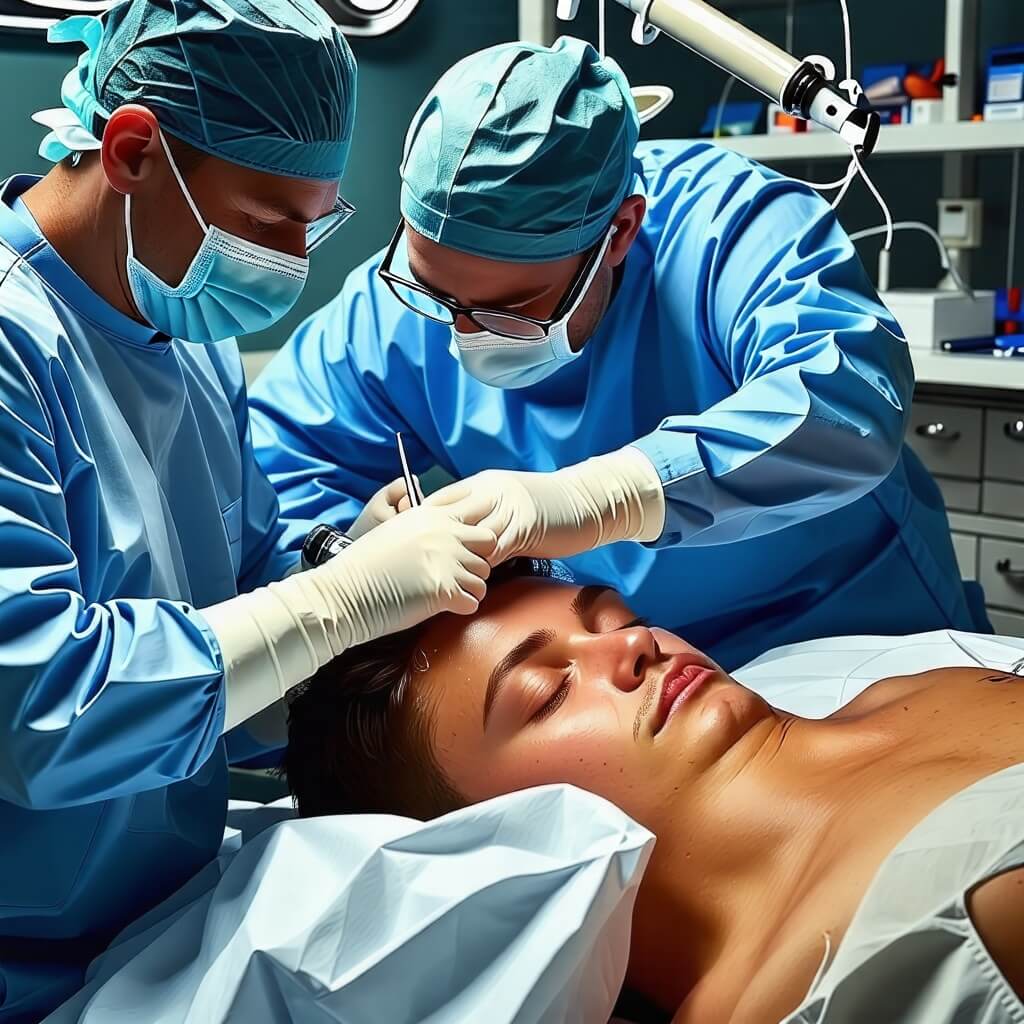 의사2명-환자-누워있음-환자머리-의료집게