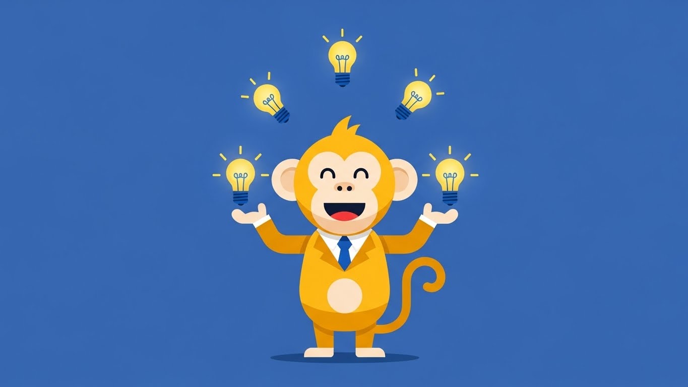 아이디어를 저글링하며 재치를 발휘하는 원숭이띠 캐릭터 일러스트
