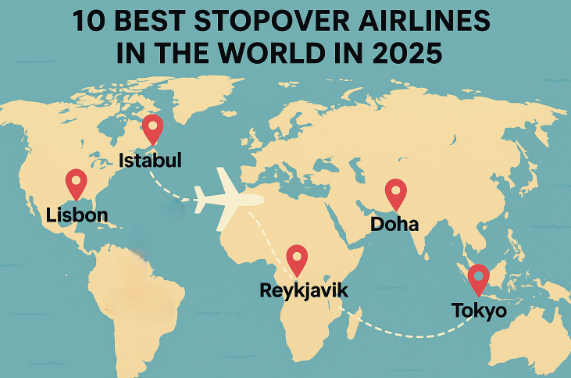 세계 지도를 배경으로, 2025년 최고의 스탑오버 항공사 도시들을 표시한 디지털 일러스트 이미지