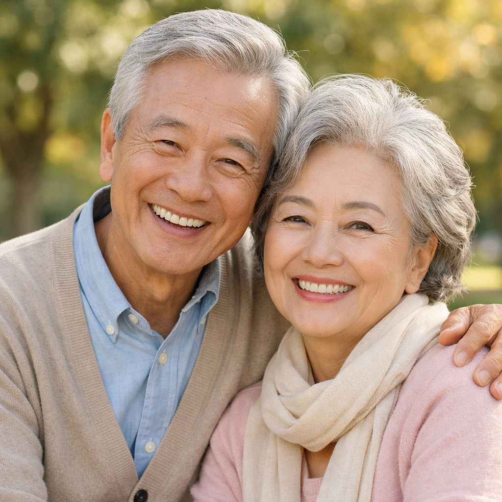 공원에서 미소 짓는 노인 부부, 따뜻한 노후의 모습