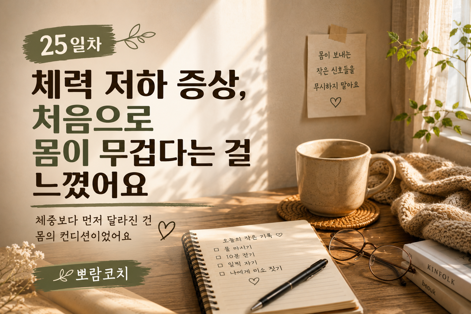 체력 저하와 만성피로로 인해 몸이 무겁고 쉽게 지치는 40대 여성의 생활습관 회복 감성 이미지