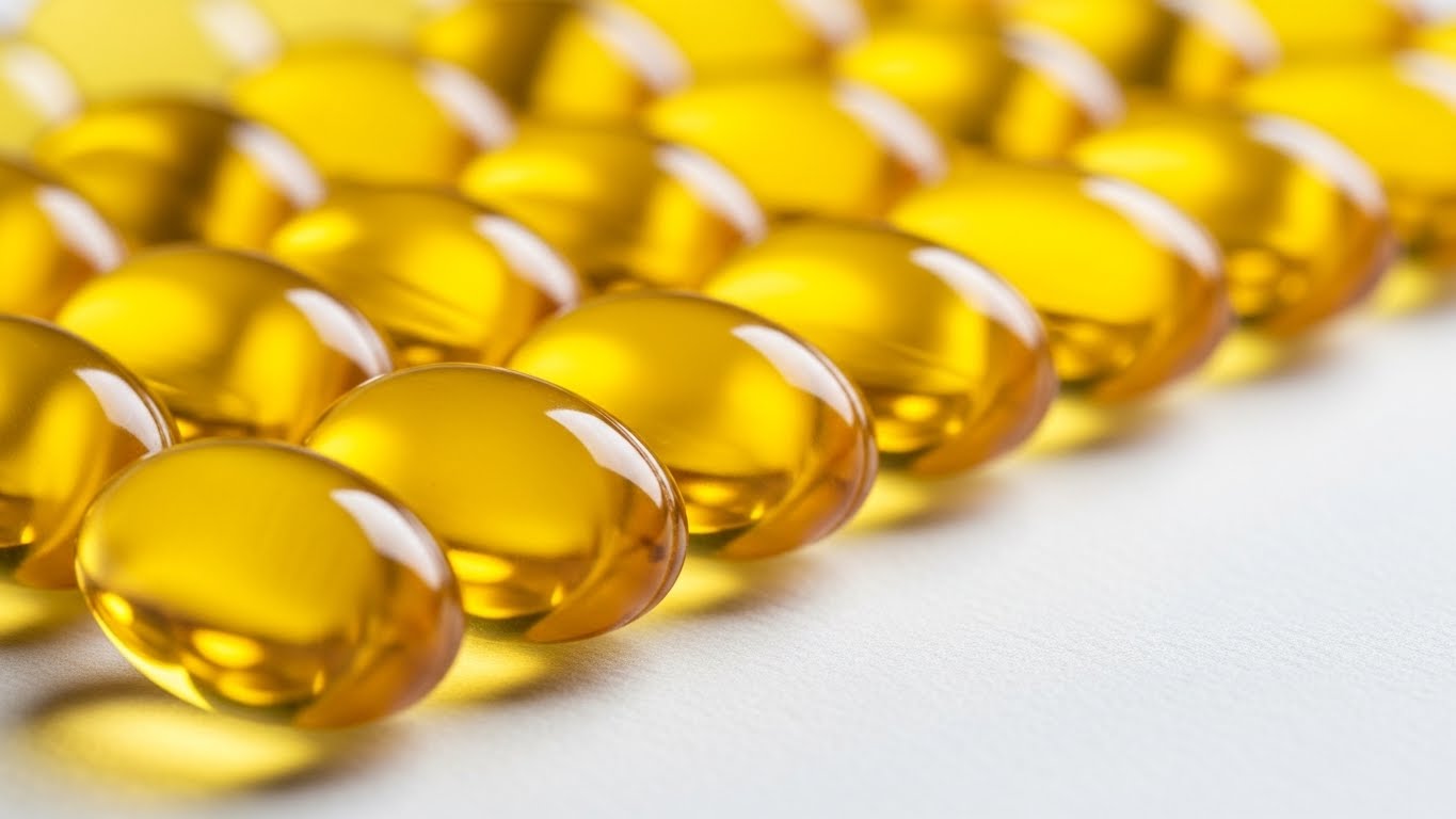 화이트-표면,-황금빛-반투명-색상의-소프트젤-비타민-D-캡슐을-프리미엄-보충제로-깔끔하게-배치한-사실적인-사진입니다.