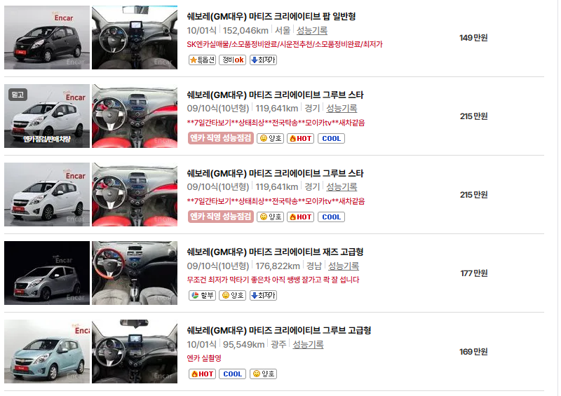 쉐보레 마티즈 중고차 가격 시세표 유지비