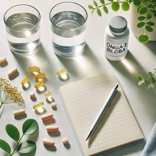 집중력 향상을 돕는 건강 보조제 플랫레이 이미지