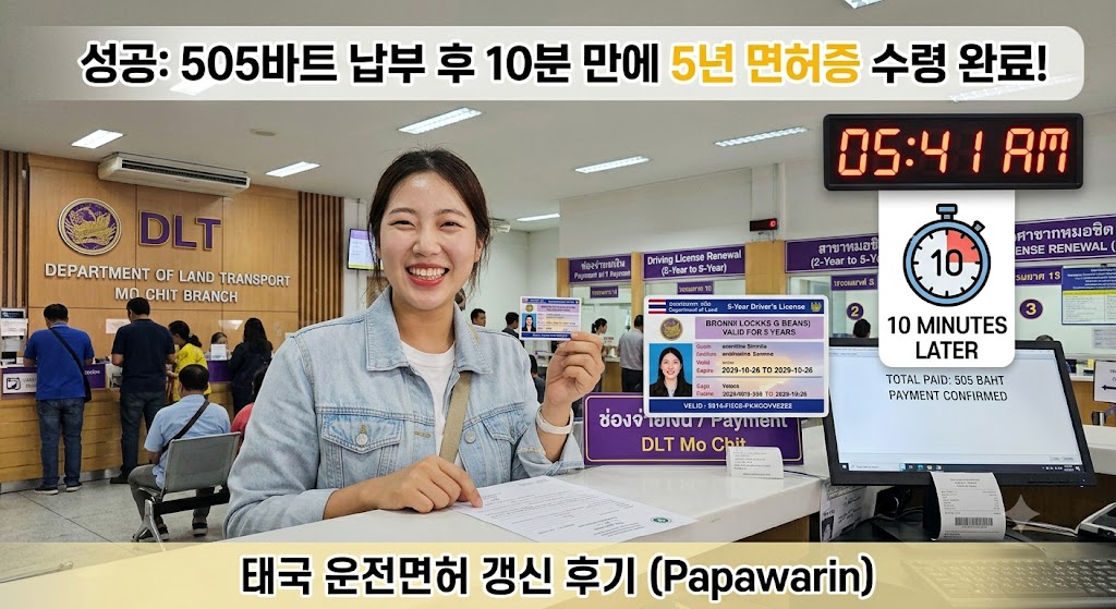 태국 육상운송국(DLT) 모칫 지점 내부에서 파파와린(Papawarin) 씨가 새로 발급받은 5년 만기 운전면허증을 들고 환하게 웃고 있습니다. 책상 위에는 505바트 납부 완료를 알리는 영수증과 컴퓨터가 있으며, 벽에는 "05:41 AM"을 표시하는 시계와 "10 MINUTES LATER" 스톱워치 아이콘, 그리고 면허 갱신 안내 표지판들이 걸려 있습니다. 이미지 상단과 하단에는 한국어 자막으로 면허 갱신 성공 소식과 후기임을 알리는 텍스트가 있습니다.