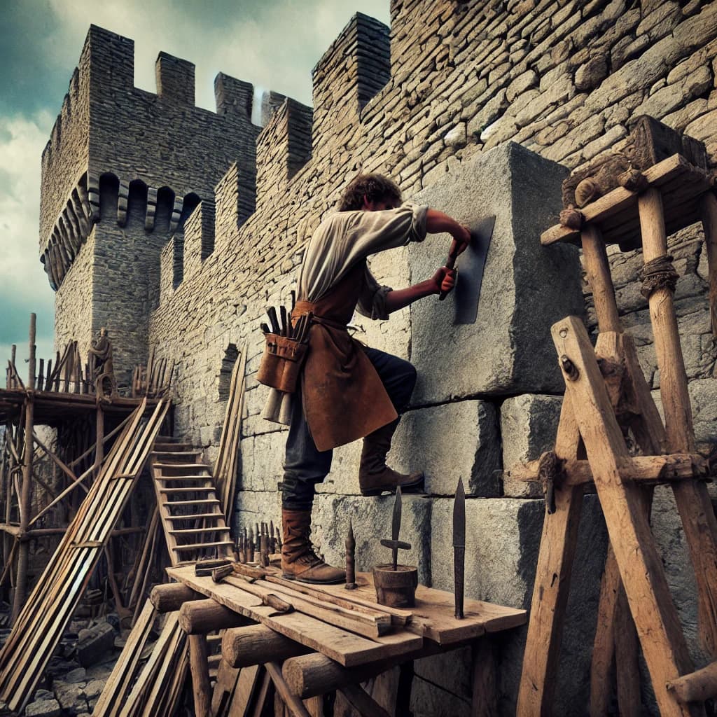 중세 유럽 성벽 수리공(Castle Mason)이 성벽을 수리하고 있는 모습