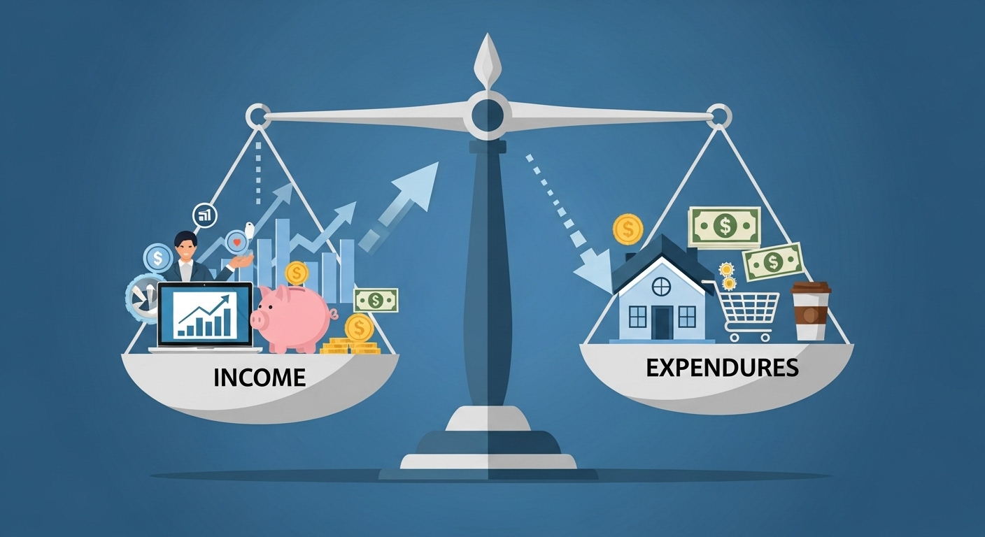 다양한 수입원과 지출 항목이 균형을 이루는 저울 그림으로, 소득 증대와 소비 통제의 중요성을 상징합니다.