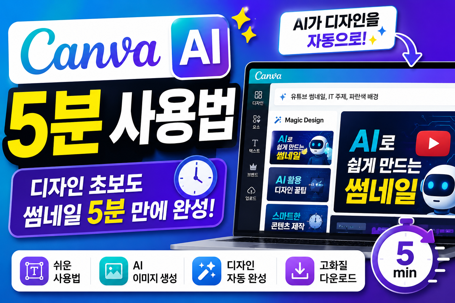 Canva AI 기능을 활용해 썸네일을 쉽고 빠르게 만드는 방법을 소개하는 썸네일