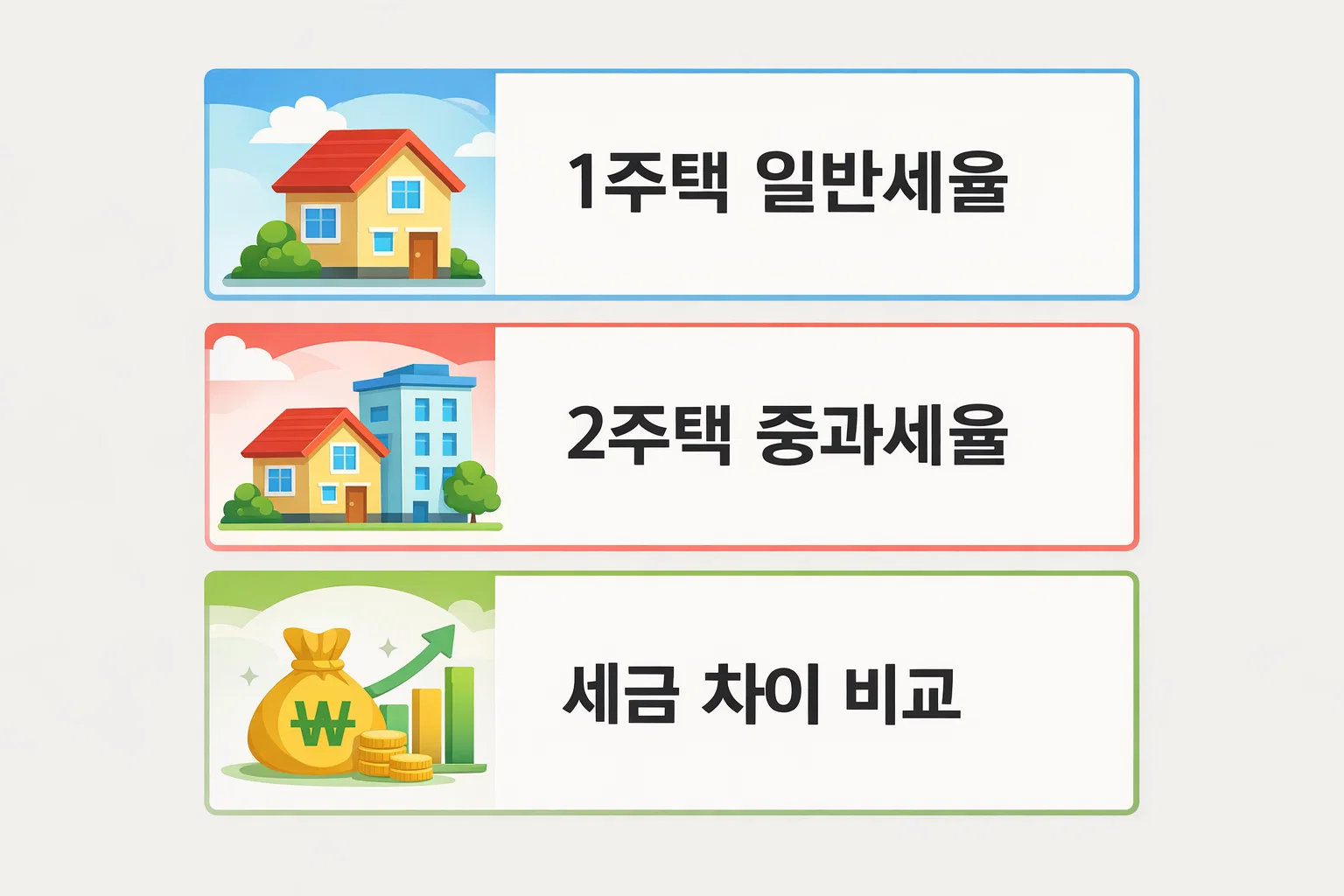 1주택 일반세율과 2주택 중과세율을 비교해 실제 취득세 금액 차이를 직관적으로 보여주는 세금 비교 이미지