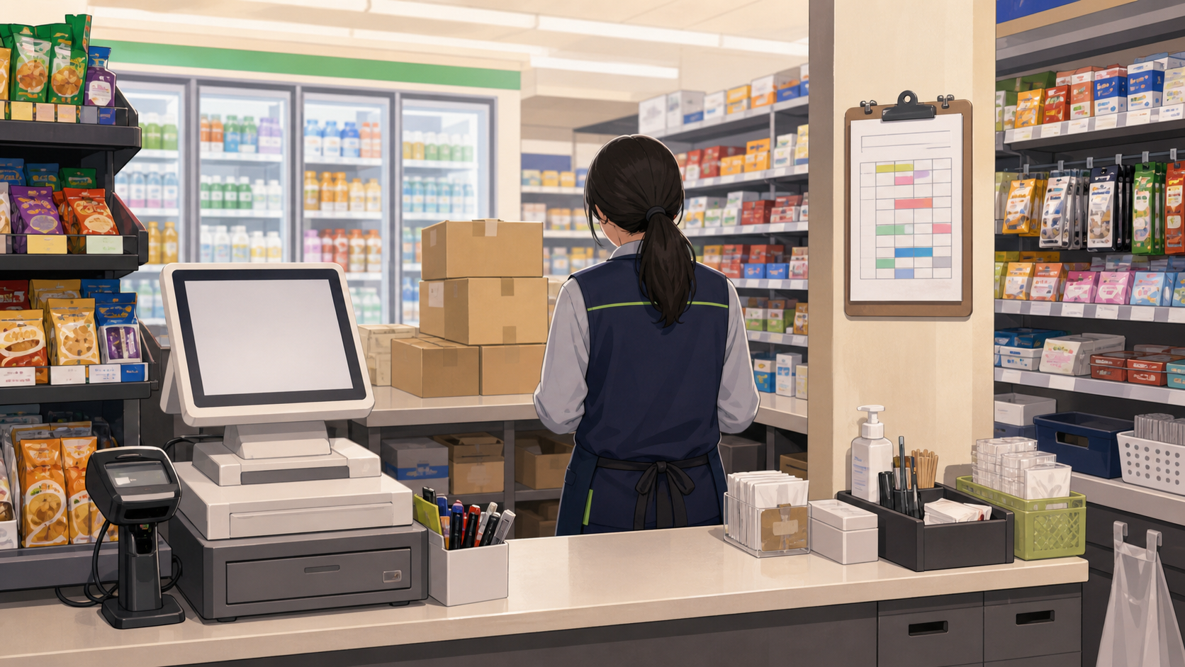 편의점 카운터 뒤 근무 환경을 그린 일러스트, POS 계산대와 벽에 걸린 근무표·재고 상자가 보이는 모습