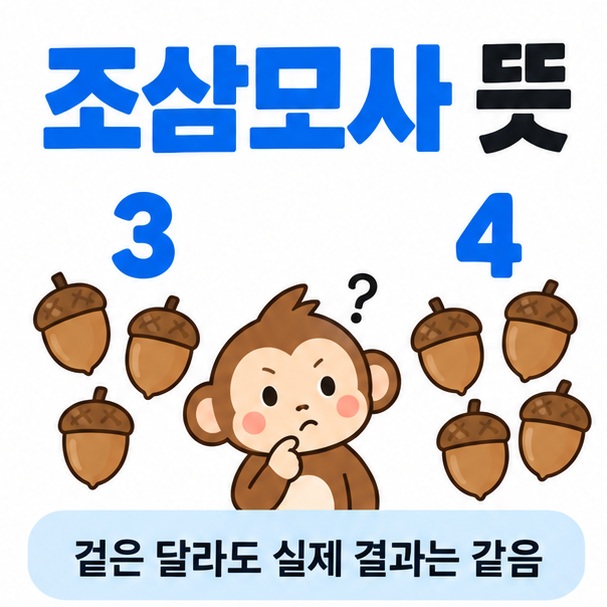 도토리와 숫자 3 4 아이콘을 중심으로 조삼모사 뜻 문구를 보여주는 대표 카드뉴스 이미지
