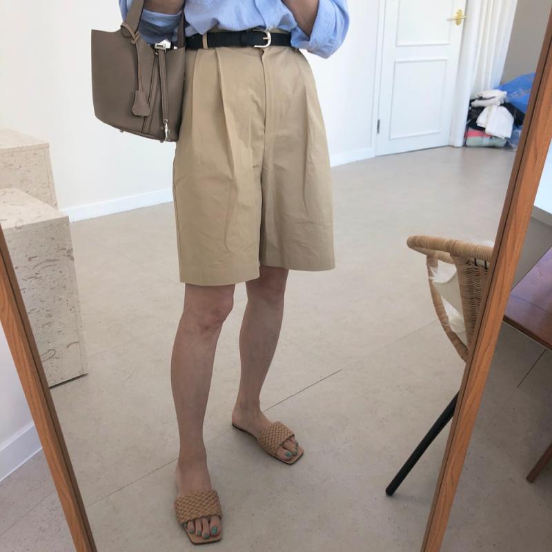 5부 핀턱 버뮤다 팬츠 하이웨스트 와이드 하프 반바지 라지4col베이지 아이 네이비 소라