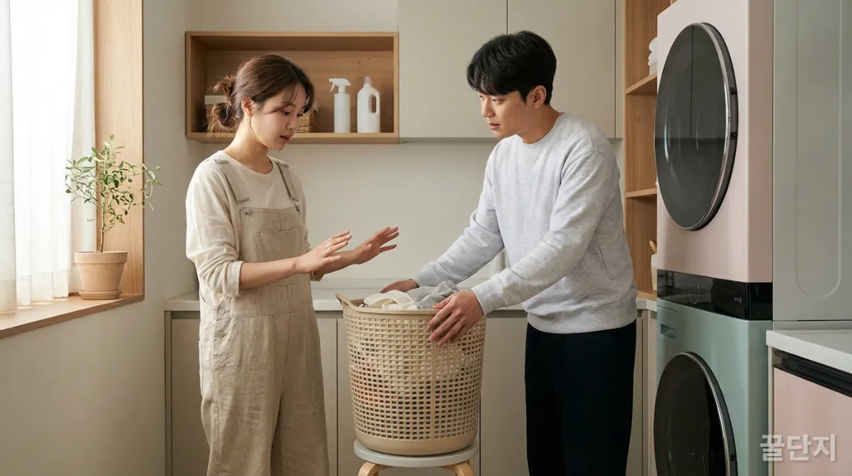 임신 초기 무리한 활동을 피하고 남편의 도움을 받는 한국인 임산부