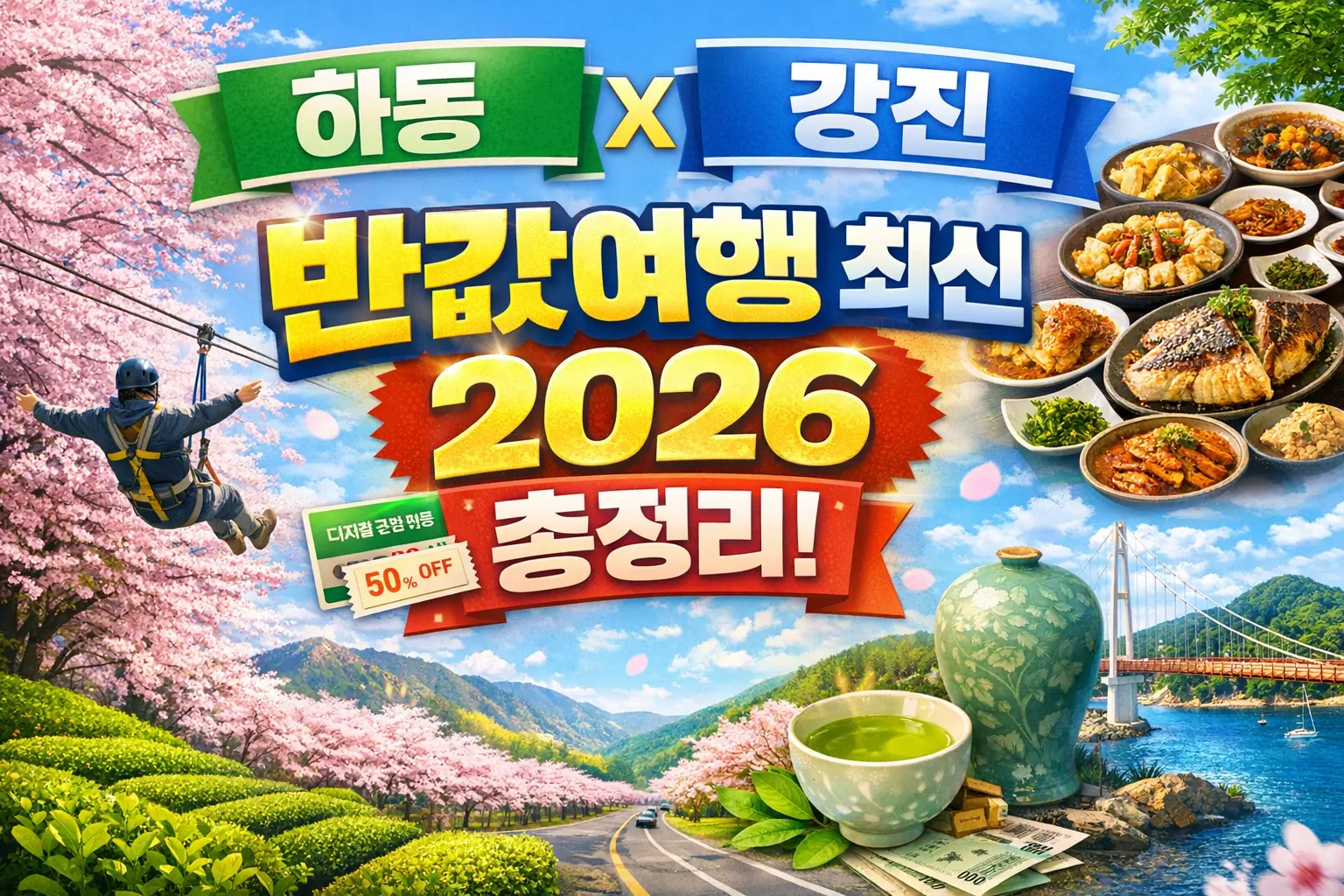 2026년 하동과 강진의 반값 여행 혜택을 총정리한 종합 썸네일 이미지. 상단에는 '하동 X 강진' 로고가 있으며 중앙에는 굵은 노란색 글씨로 '반값여행 최신 2026 총정리!'라는 문구가 강조되어 있음. 이미지 왼쪽에는 화사한 벚꽃길 위로 짚와이어를 타는 역동적인 모습이, 오른쪽에는 정갈한 남도 한정식 상차림이 배치되어 각 지역의 특색을 보여줌. 하단에는 하동의 녹차 밭과 강진의 가우도 출렁다리 풍경이 담겨 있으며, '디지털 관광주민증 50% OFF' 할인 쿠폰 아이콘이 포함되어 경비 절감 혜택을 시각적으로 전달함.